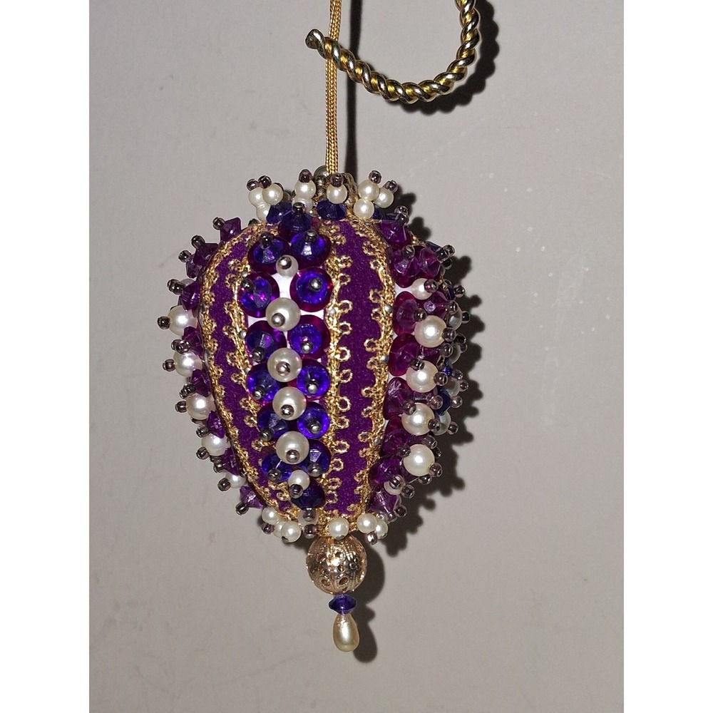 Vintage Handmade Beaded Finial Christmas Ornament Purple Gold Faux Pearl Jeweled